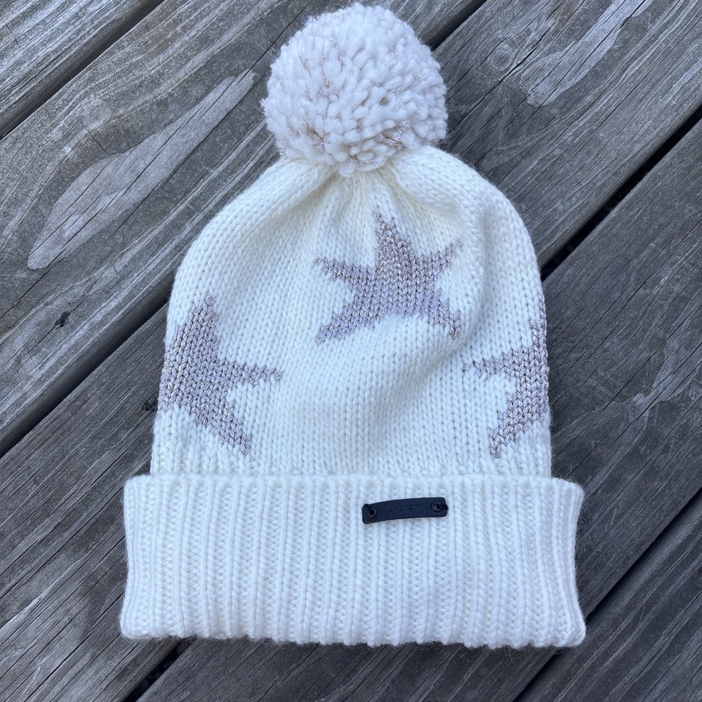 Coach Sparkle Star Intarsia Hat One Size White Gold Holiday Christmas Beanie NWT